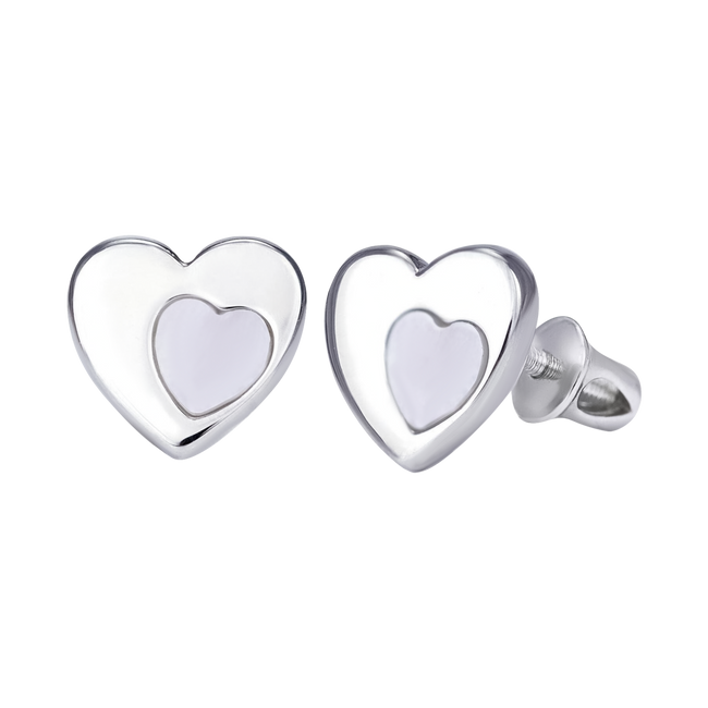 Сережки пусети Серце в серце білі з перламутром зі срібла (8x8,5) Арт. 2305534206030501