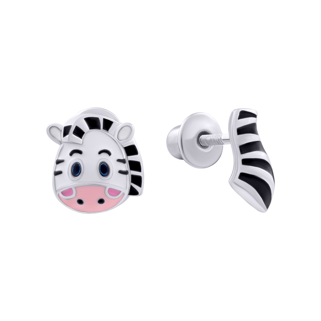 Детские серебряные сережки гвоздики Зебренок с флажком с эмалью бело-черные 2105703006020501, Белый|Черный, UmaUmi Zoo