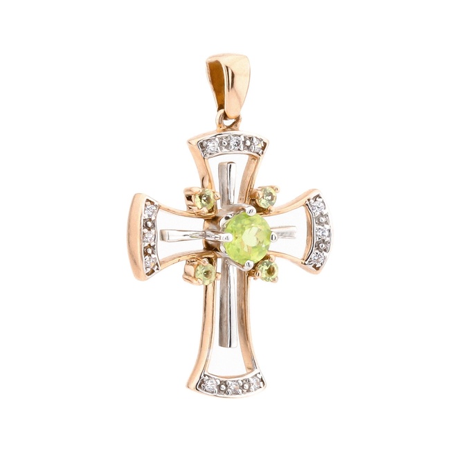 Золотой крестик с зеленым хризолитами и фианитами 13101-2, Зеленый