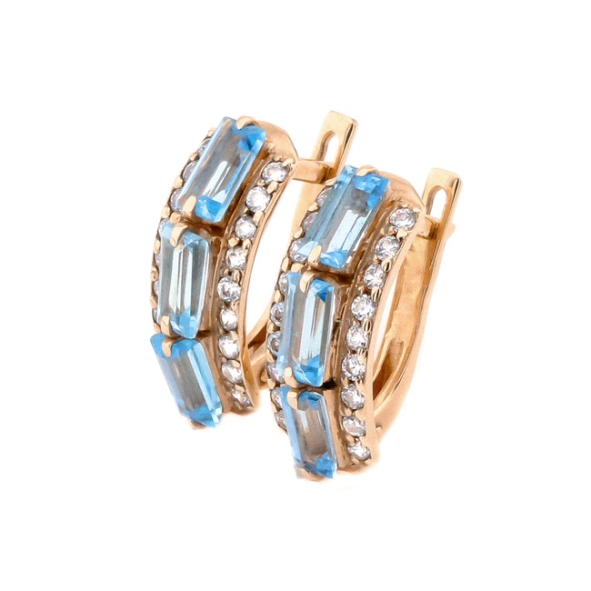 Золоті сережки-доріжки багет з топазами та фіанітами 12918top, Блакитний