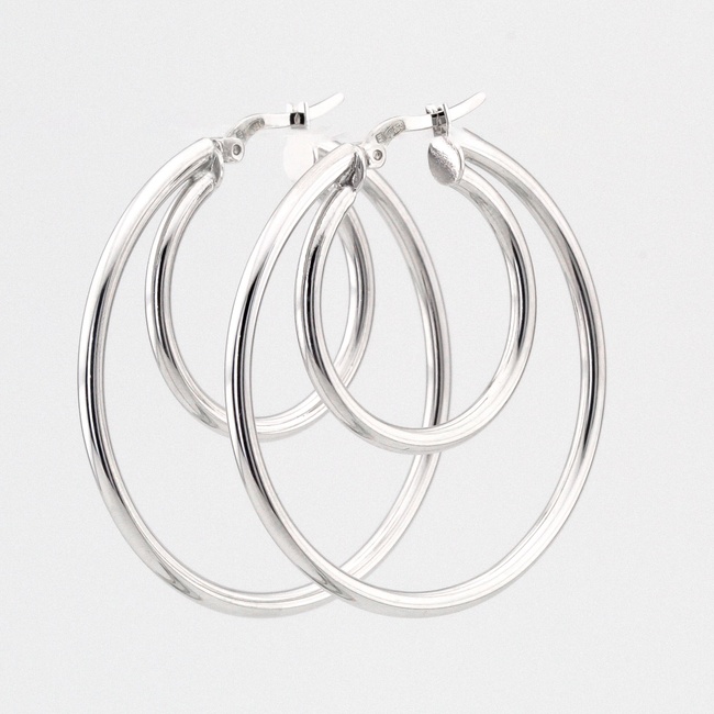 Двойные серебряные серьги-кольца гладкие без вставок (4 см и 2 см) C12746