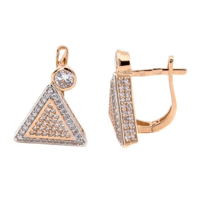 Золоті сережки "Трикутники в каменях" з білими фіанітами з англійським замком C121028, Білий