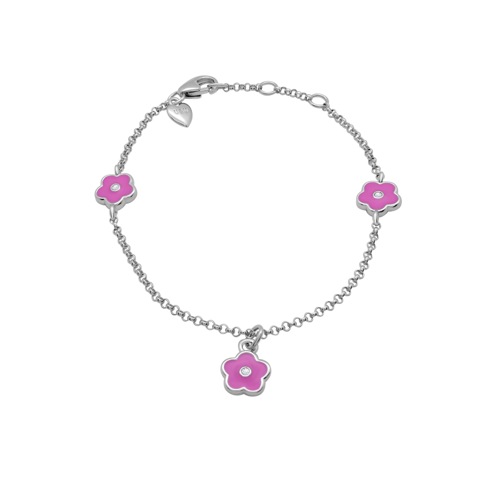 Серебряный детский браслет-цепь с подвесками Цветочек Розовый с эмалью (16) Арт. 5606uub