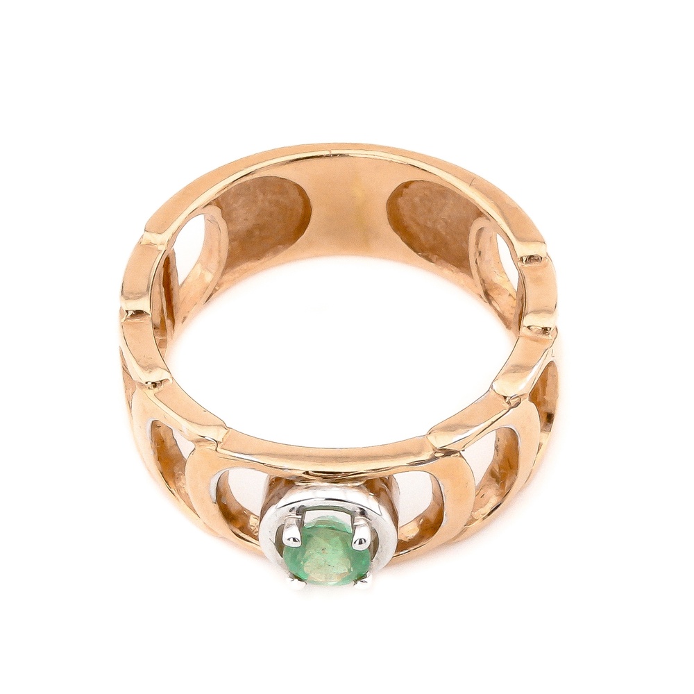 Золотое кольцо широкое фигурное Пряжка с изумрудом 111014em, 17 размер