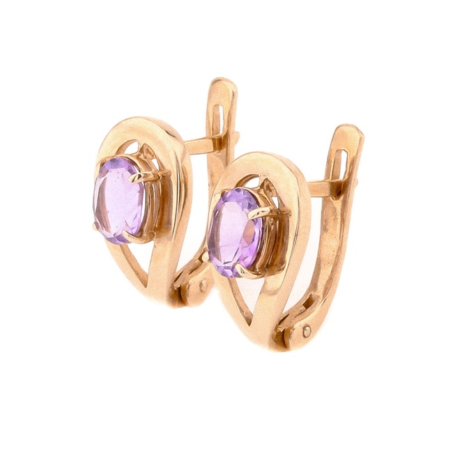 Золоті сережки краплі з аметистами овальної форми 12947am, Фіолетовий