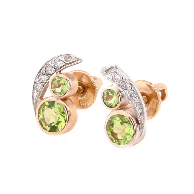 Золоті сережки-гвоздики з зеленим хризолітами та фіанітами 121024chr, Зелений