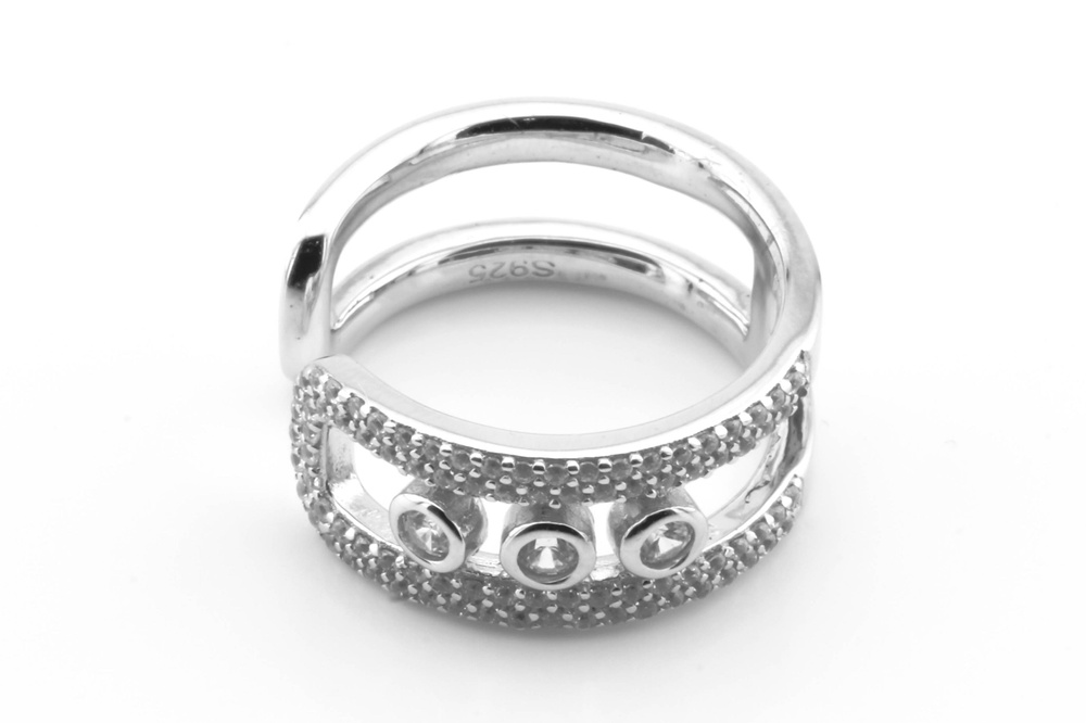 Срібний перстень широке з білими фіанітами СК11032, 17 розмір, 17, Білий