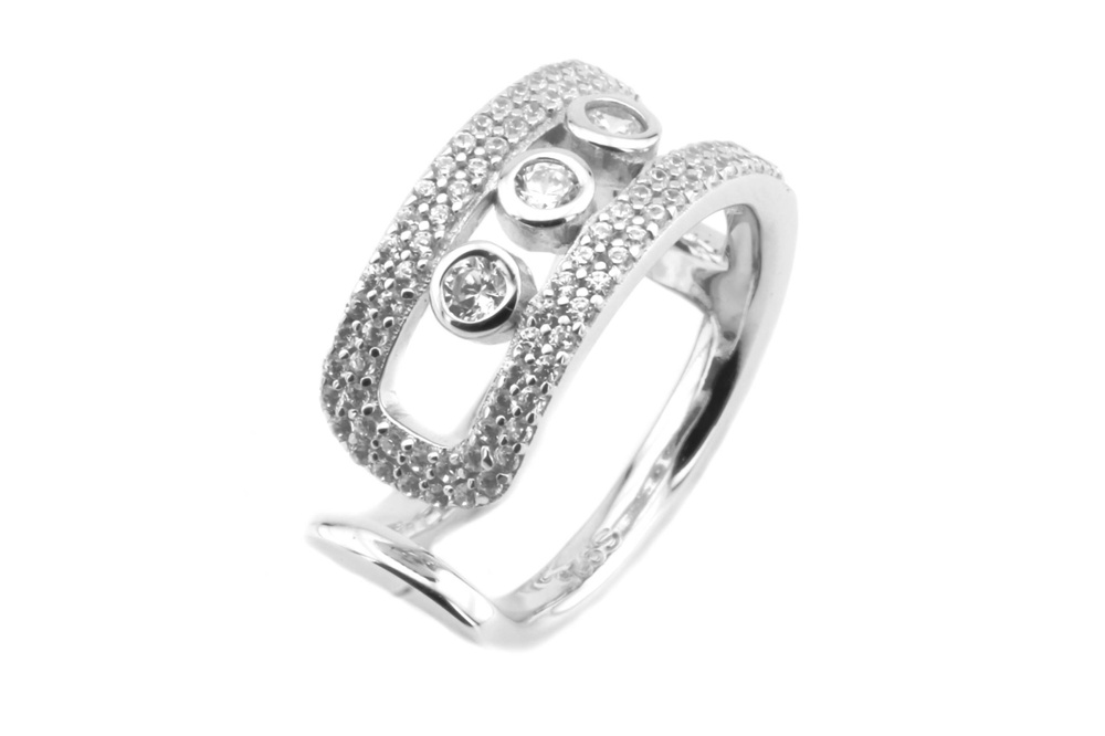 Серебряное кольцо широкое с белыми фианитами СК11032, 17 размер, 17, Белый