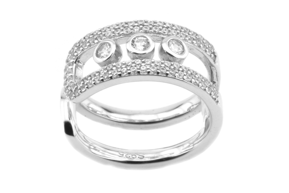 Срібний перстень широке з білими фіанітами СК11032, 17 розмір, 17, Білий