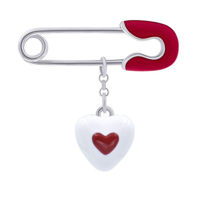 Серебряная булавка с подвеской булавка Сердце в сердце с эмалью (детская) 6195569006210501, Белый|Красный, UmaUmi Accessories