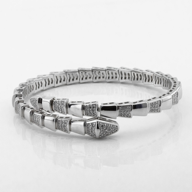 Жорсткий срібний браслет Змія спіраль з білими фіанітами b15871