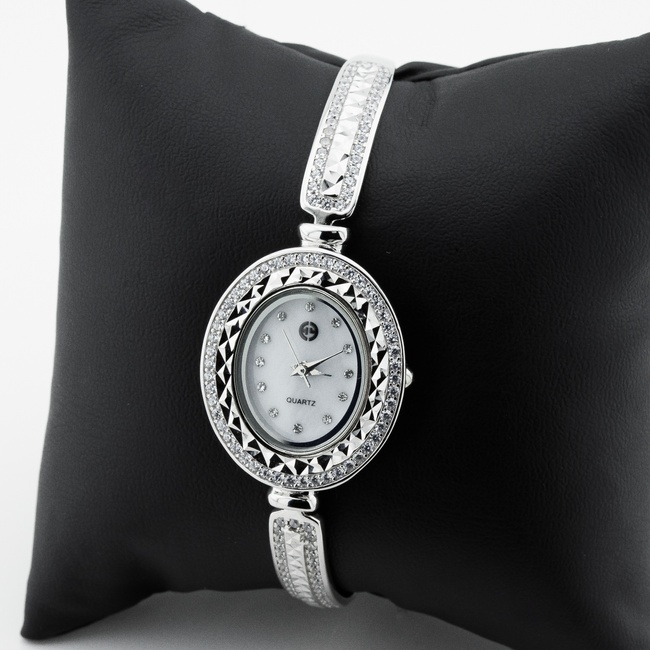 Серебряные часы женские с белыми фианитами (овальные) watch018, Белый