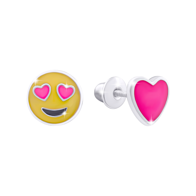 Дитячі срібні сережки пусети Ти Love (серце, смайлик) з рожевою та жовтою емаллю 210572300626050, Жовтий|Рожевий