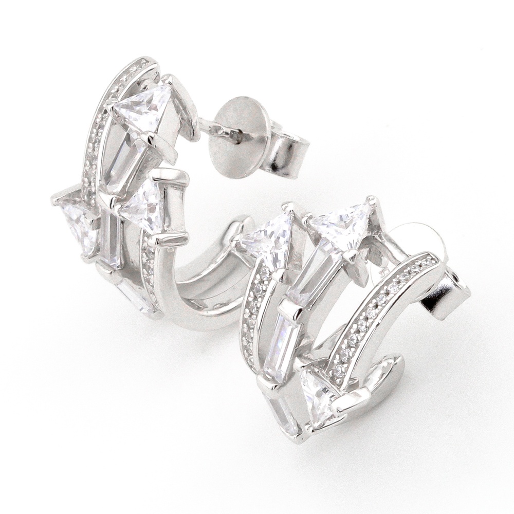 Срібні сережки-гвоздики пусети "Три стріли" півкільцями з фіанітами C121143, Білий
