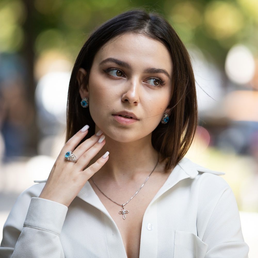 Золотые сережки Овалы с топазами и фианитами 12710top, Голубой, 1259
