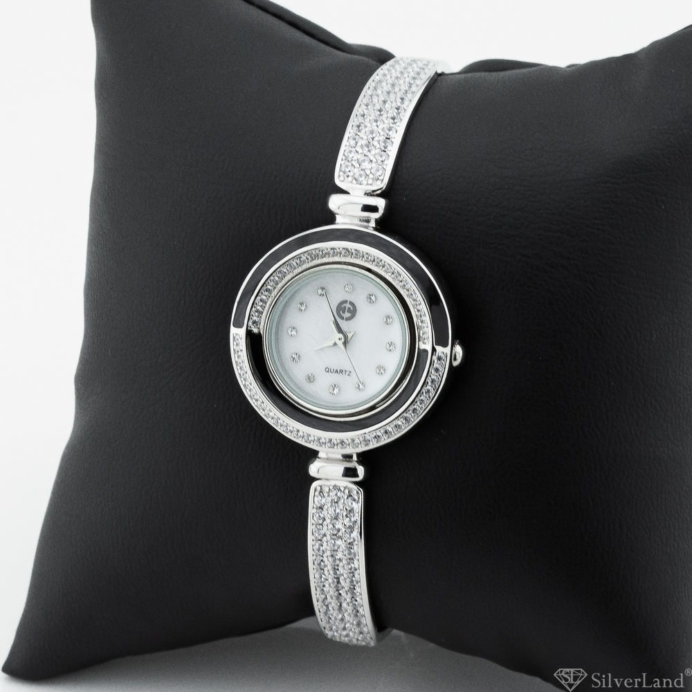 Серебряные часы женские с белыми фианитами (круглые) watch019, Белый