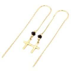 Довгі золоті сережки-протяжки ланцюжки "Хрестики" з чорним фіанітом C12620, Чорний