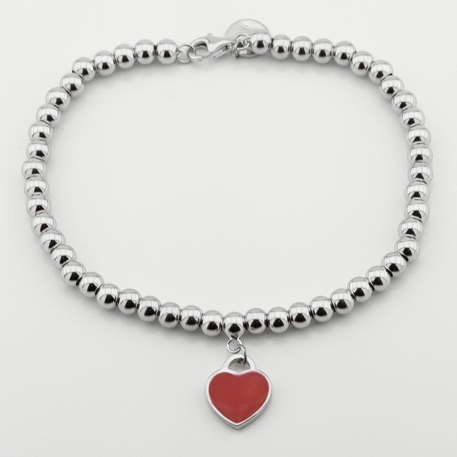 Серебряный браслет мягкий шарики Сердечко с эмалью (красный) b15914, 18 размер