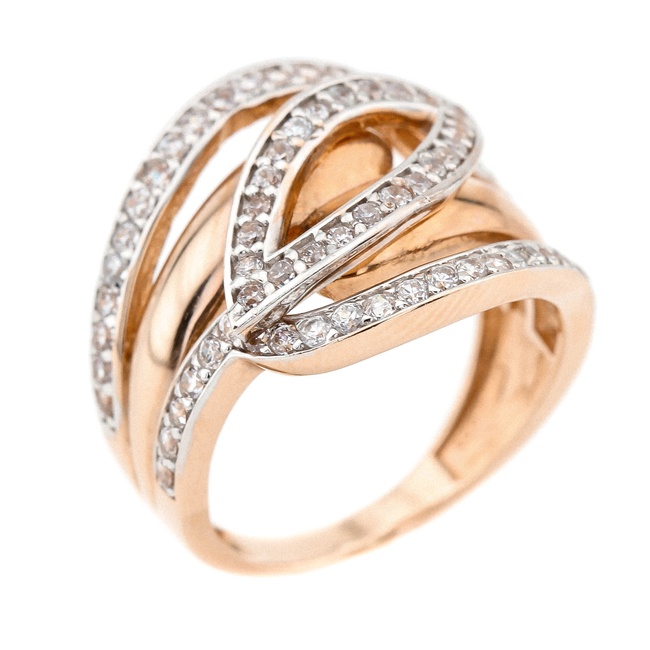 Золотое кольцо 585 пробы фигурное с белыми фианитами КК11090, 17,5 размер, 17-5, Белый
