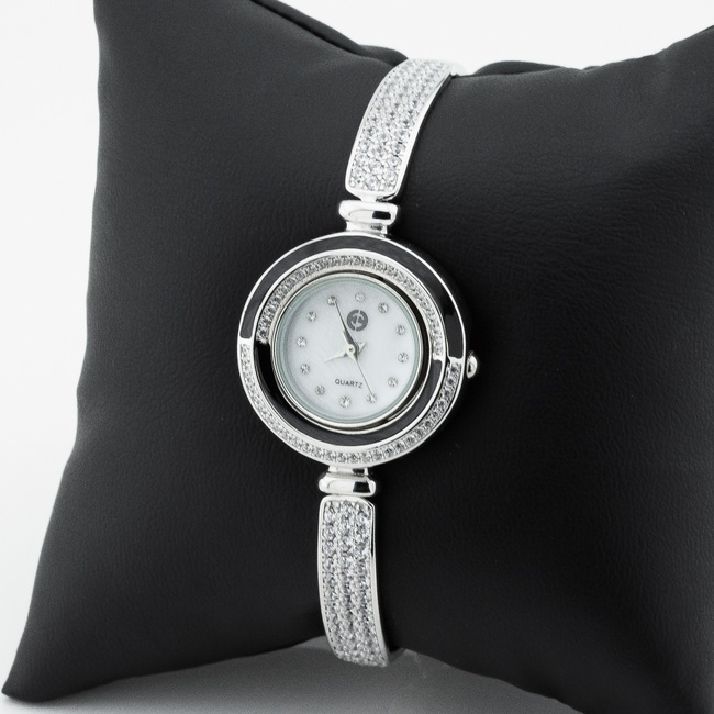 Срібний годинник жіночий з білими фіанітами (круглий) watch019, Білий