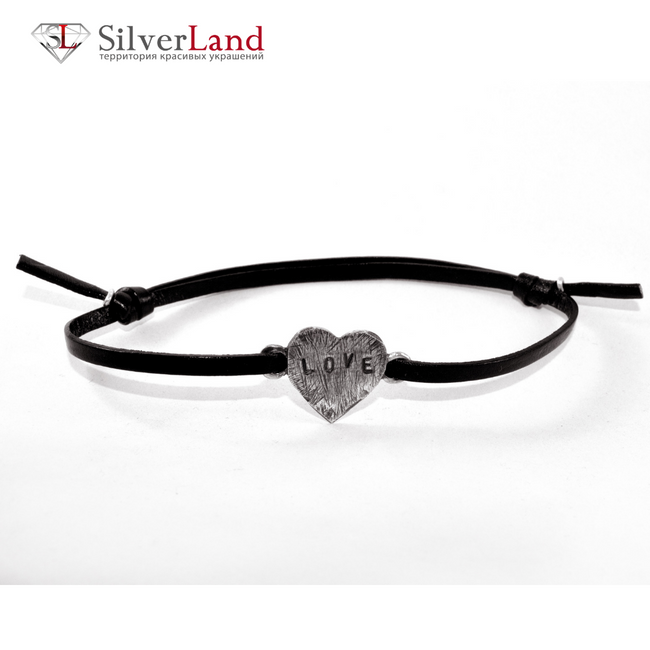 Шкіряний браслет-шнурок чорного кольору зі срібним серцем з гравіюванням "EJ Heart" Арт. 4034/EJ