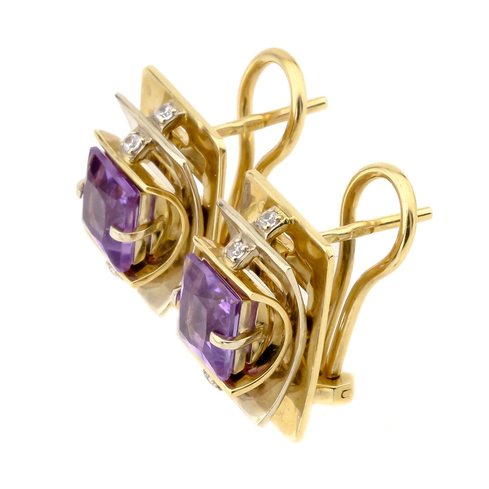 Золоті сережки прямокутні з фіолетовими аметистами та фіанітами з італійською застібкою 12004am, Фіолетовий