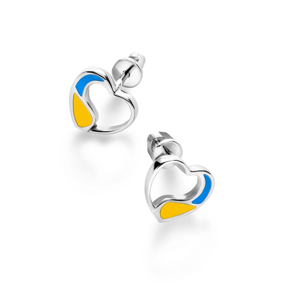 Срібні сережки-пусети Серце наскрізне жовто-блакитні (емаль) 3201992