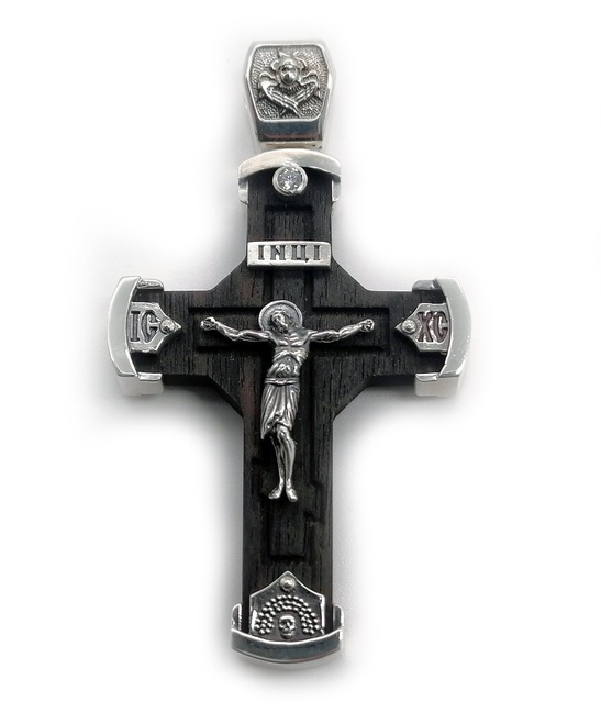 Деревянный эбеновый Крест 17 распятие (Спаси и Сохрани) с серебром, белыми фианитами 2047-IDE, Черный
