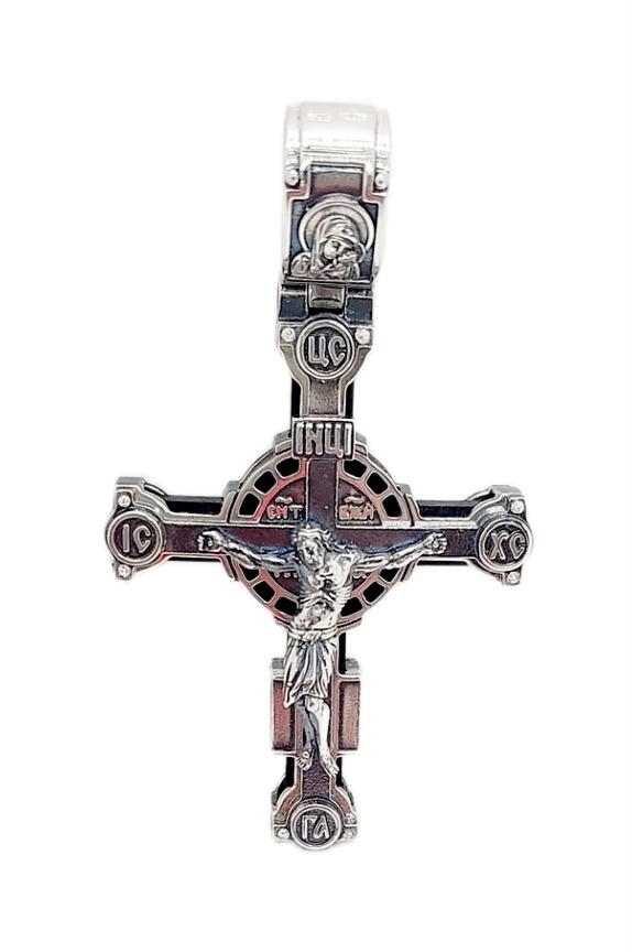 Деревянный Крест 51 Распятие Христа (Спаси и Сохрани) с серебром чернением (эбеновое дерево) 4039-IDE, Черный