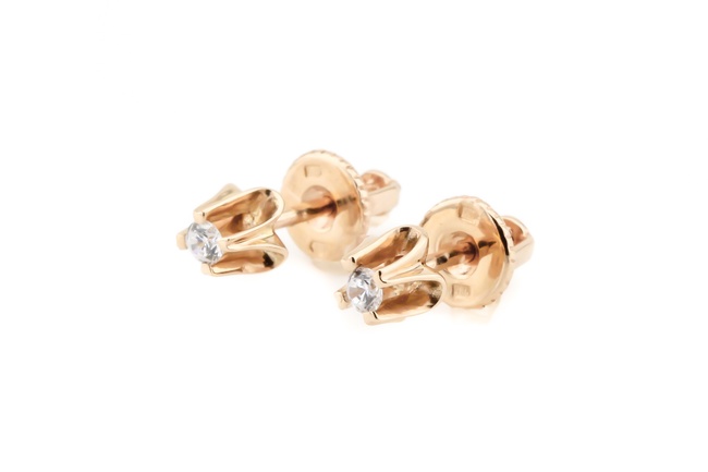 Золоті сережки-гвоздики (пусети) з білими фіанітами з закруткою 12354, Білий