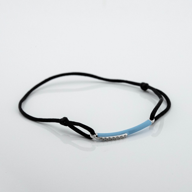 Срібний браслет з блакитною емаллю і фіанітами на чорній нитці 3501038