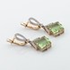 Золоті сережки-підвіски ромбики з синт. зеленим кварцом квадрат і фіанітами 12950qn
