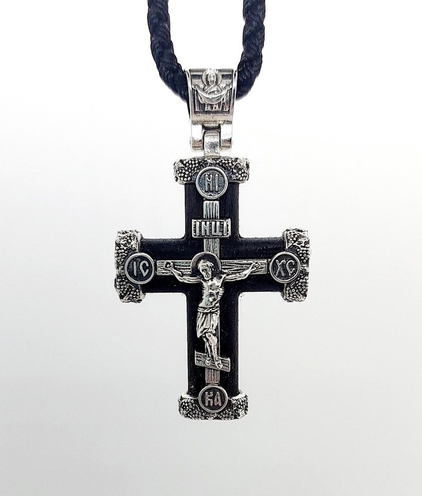 Деревянный Крест 33 Распятие Христа (Спаси и Сохрани) с серебром чернением (эбеновое дерево) 2063-IDE