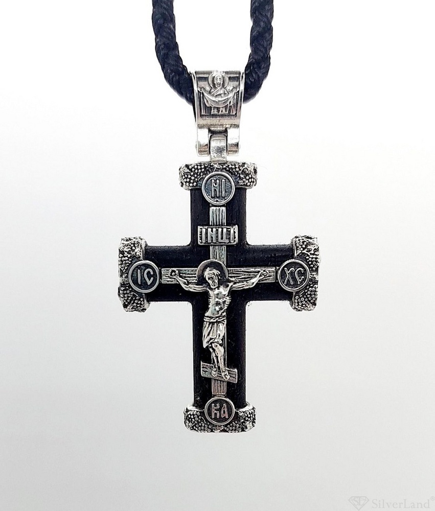 Дерев'яний Хрест 33 Розп'яття Христа (Врятуй та Збережи) зі сріблом чорнінням (ебенове дерево) 2063-IDE