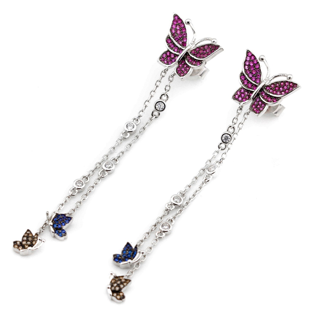 Серебряные серьги-висюльки "Бабочки" с цепочками с розовыми фианитами СС12055, Белый|Розовый