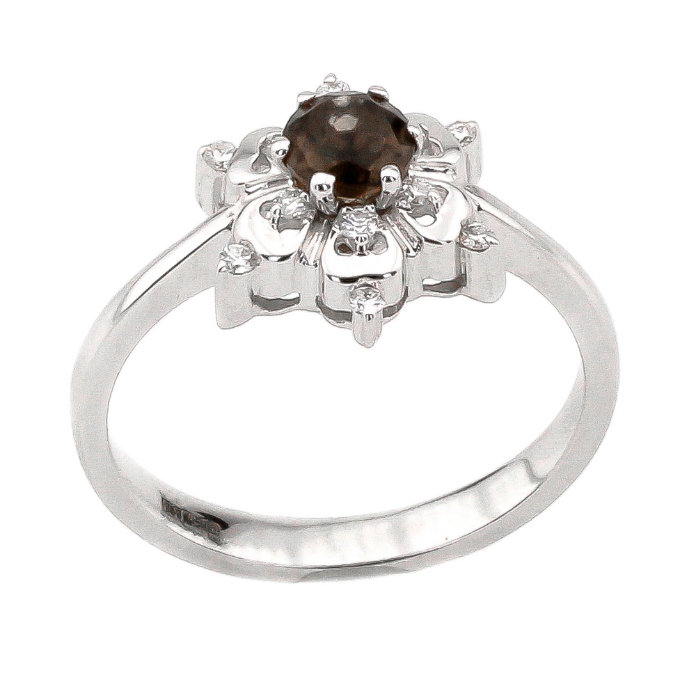Золотое кольцо белое "Цветок" с дымчатым кварцем и бриллиантами RO02500, 18 размер