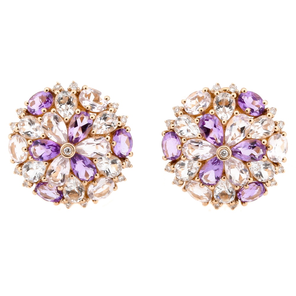 Круглі золоті сережки з камінням (аметист; топаз; діамант) 12736, Білий|Фіолетовий