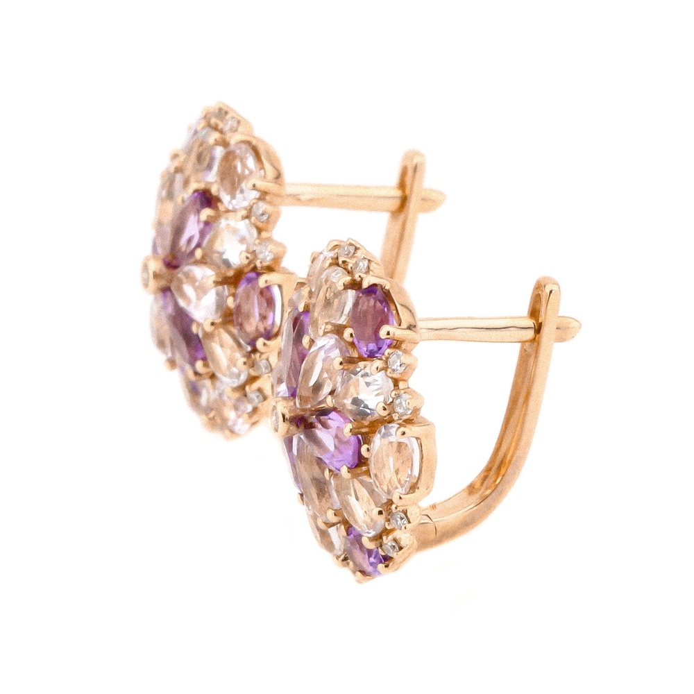 Круглые золотые серьги с камнями (аметист; топаз; бриллиант) 12736, Белый|Фиолетовый