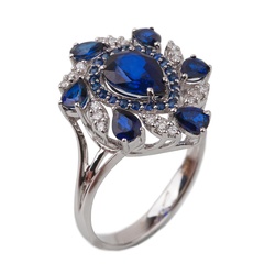 Кольцо из белого золота с сапфирами и бриллиантами в форме цветка крупного RO09697, 18 размер, 18, Синий|Белый