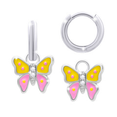 Детские серебряные сережки-колечки с подвесами Мотылек с кристаллами и эмалью желто-розовые 8195581016260501, Желтый|Розовый