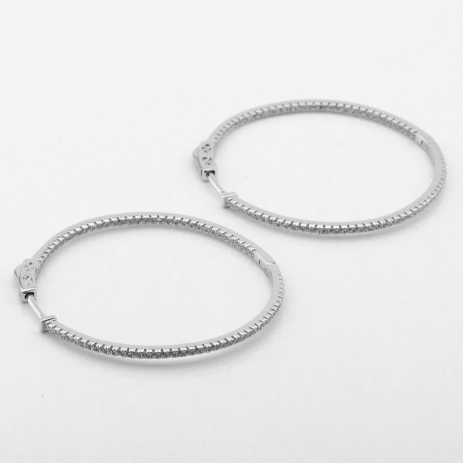 Срібні сережки-кільця (конго) тонкі Доріжки з білими фіанітами (D 3,8 см) c121583, Білий