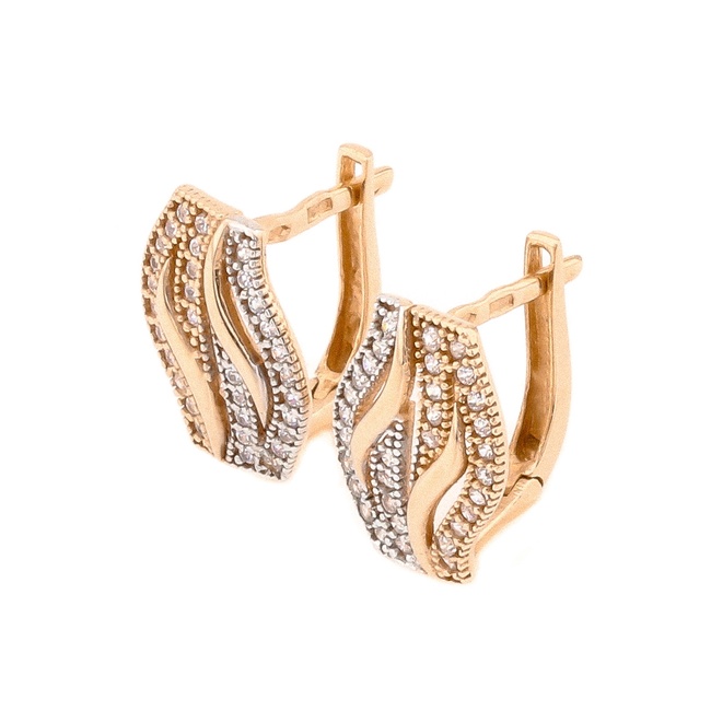 Золоті широкі сережки доріжки хвилясті з фіанітами C12452, Білий