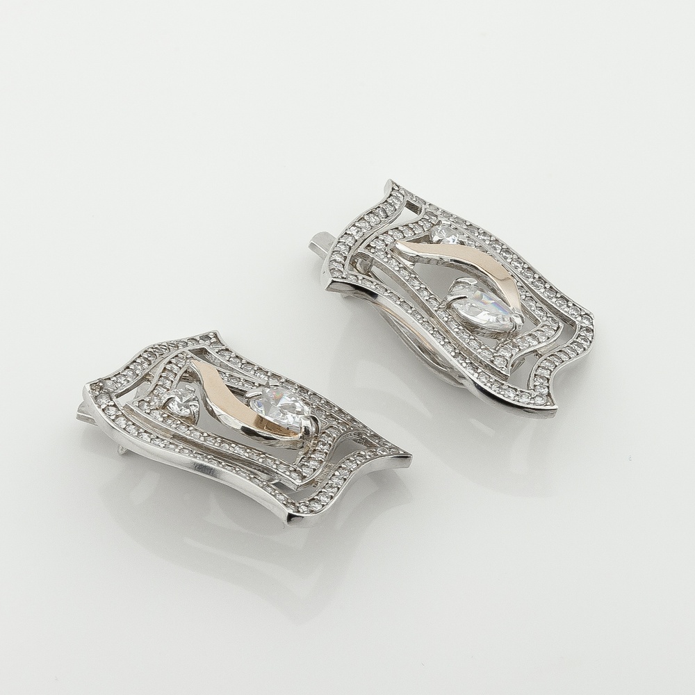 Серебряные серьги Прямоугольник с фианитами с золотыми накладками с500ф