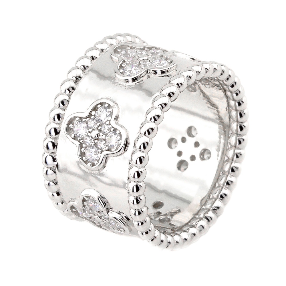 Серебряное кольцо широкое Клевер белый с фианитами K11925, 16 размер