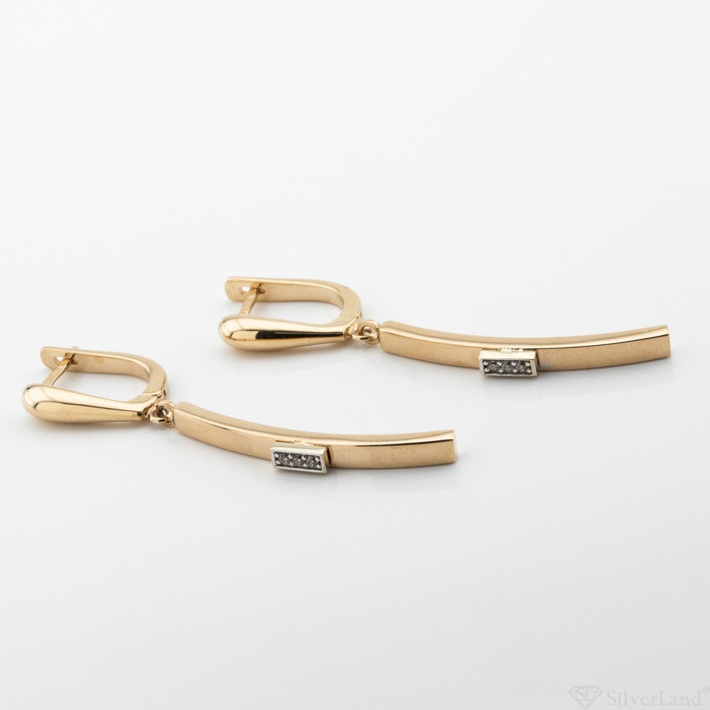 Золоті сережки-підвіски Палички гнуті з білими фіанітами c121721, Білий