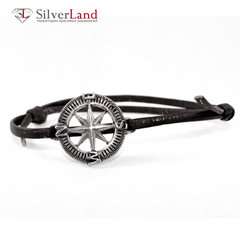 Шкіряний браслет-шнурок зі срібним компасом EJ Compass 4014/EJв чорний