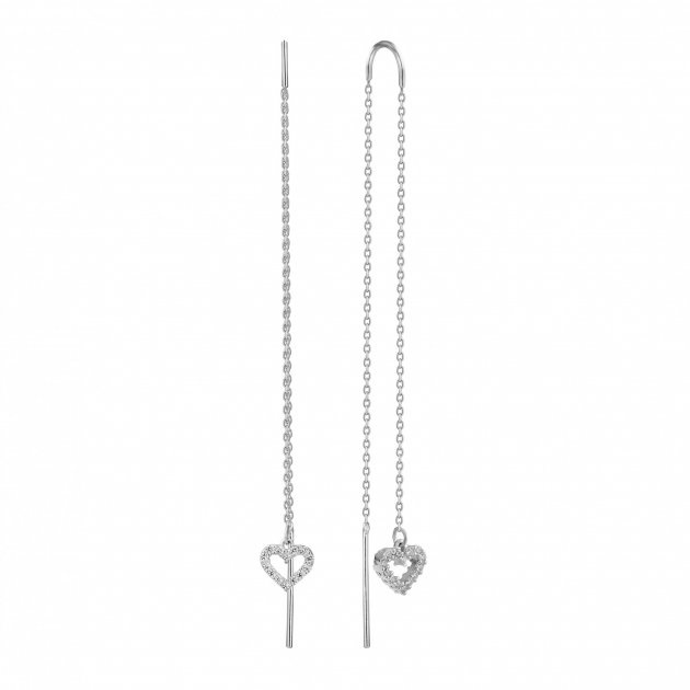 Срібні сережки-протяжки ланцюжки подвійні Серденька наскрізні з білими фіанітами c23187-Н, Білий