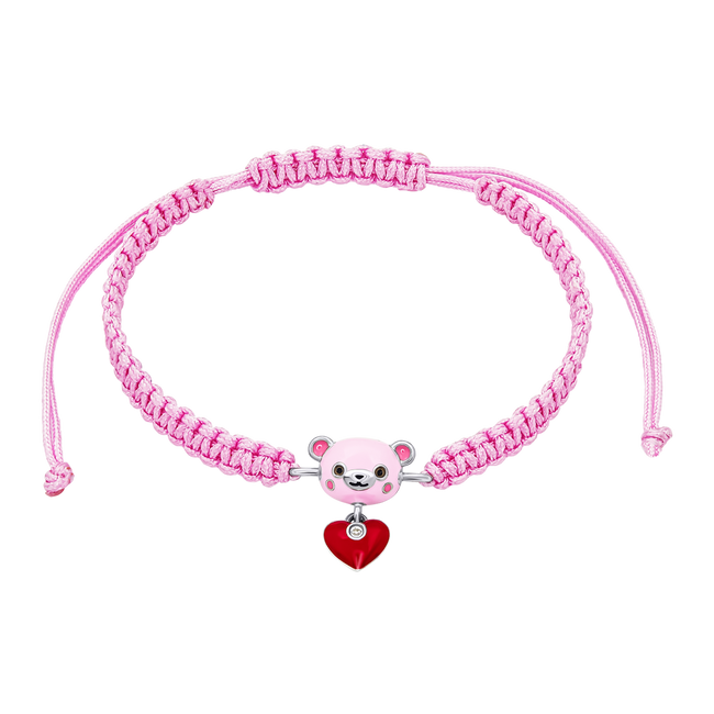 Детский браслет плетеный Мишутка с сердцем с розовой, красной эмалью и фианитом розовый 4195827026410411, Розовый, Розовый|Красный, UmaUmi Pets