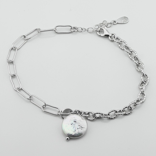 Срібний браслет Ланки з перлами 3501014, 17 розмір