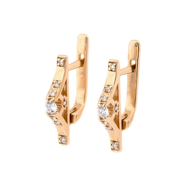 Золоті сережки з білими фіанітами з англійскою застібкою КС12028, Білий